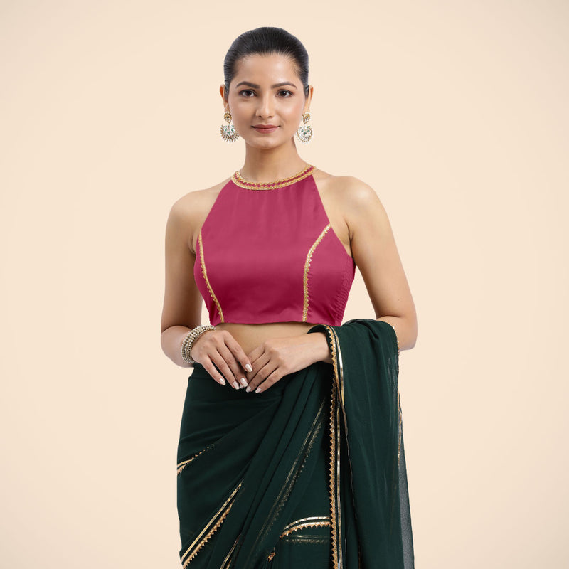 Zubeida x Tyohaar | Rani Pink Halterneck FlexiFit™ Saree Blouse with Elegant Golden Gota Embellishment on Princess Line-Binks