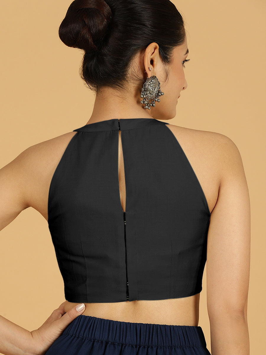 Zubeida x Rozaana Saree Blouse, in Black Viscose, featuring sleeveless and halter neckline, made for daily & work (view 2).