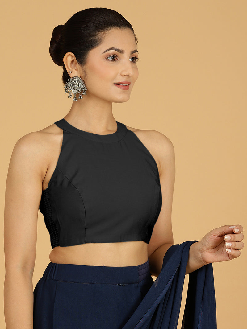 Zubeida x Rozaana | Raven Black Sleeveless Halter Neck Saree Blouse-Binks