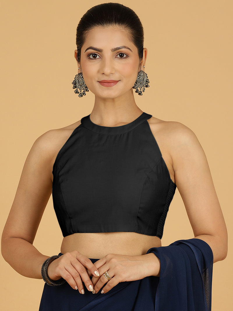 Zubeida x Rozaana | Raven Black Sleeveless Halter Neck Saree Blouse-Binks