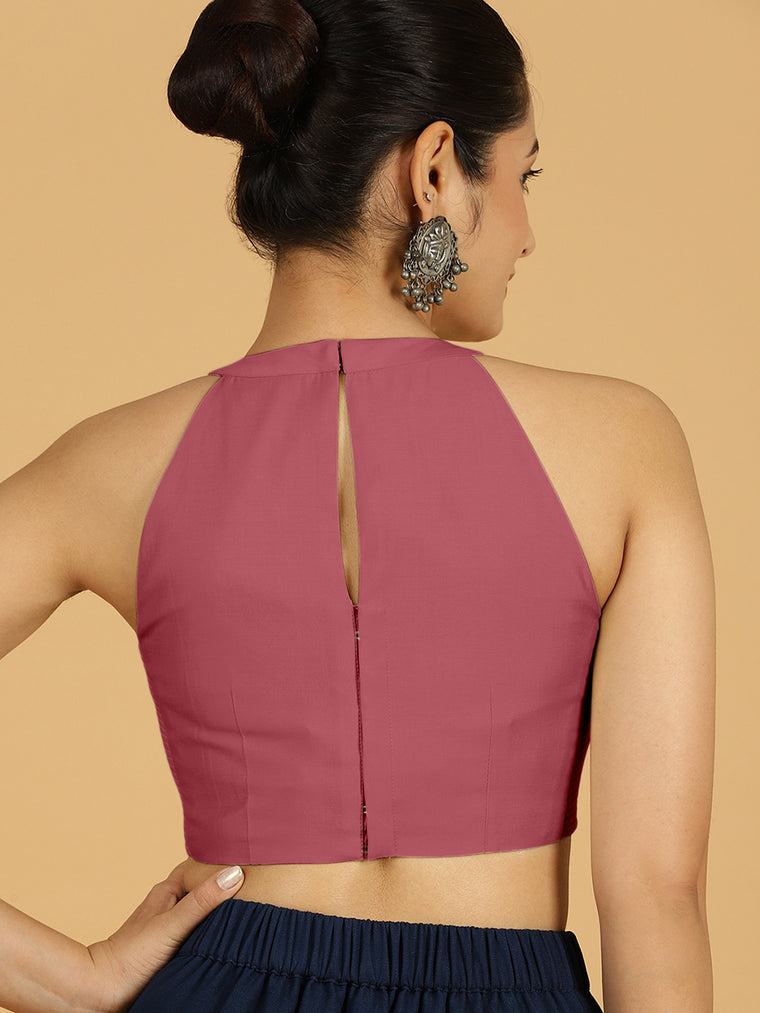 Zubeida x Rozaana Saree Blouse, in Pink Viscose, featuring sleeveless and halter neckline, made for daily & work (view 2).