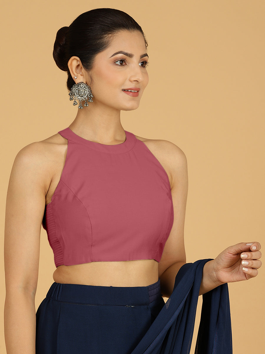 Zubeida x Rozaana Saree Blouse, in Pink Viscose, featuring sleeveless and halter neckline, made for daily & work (view 6).