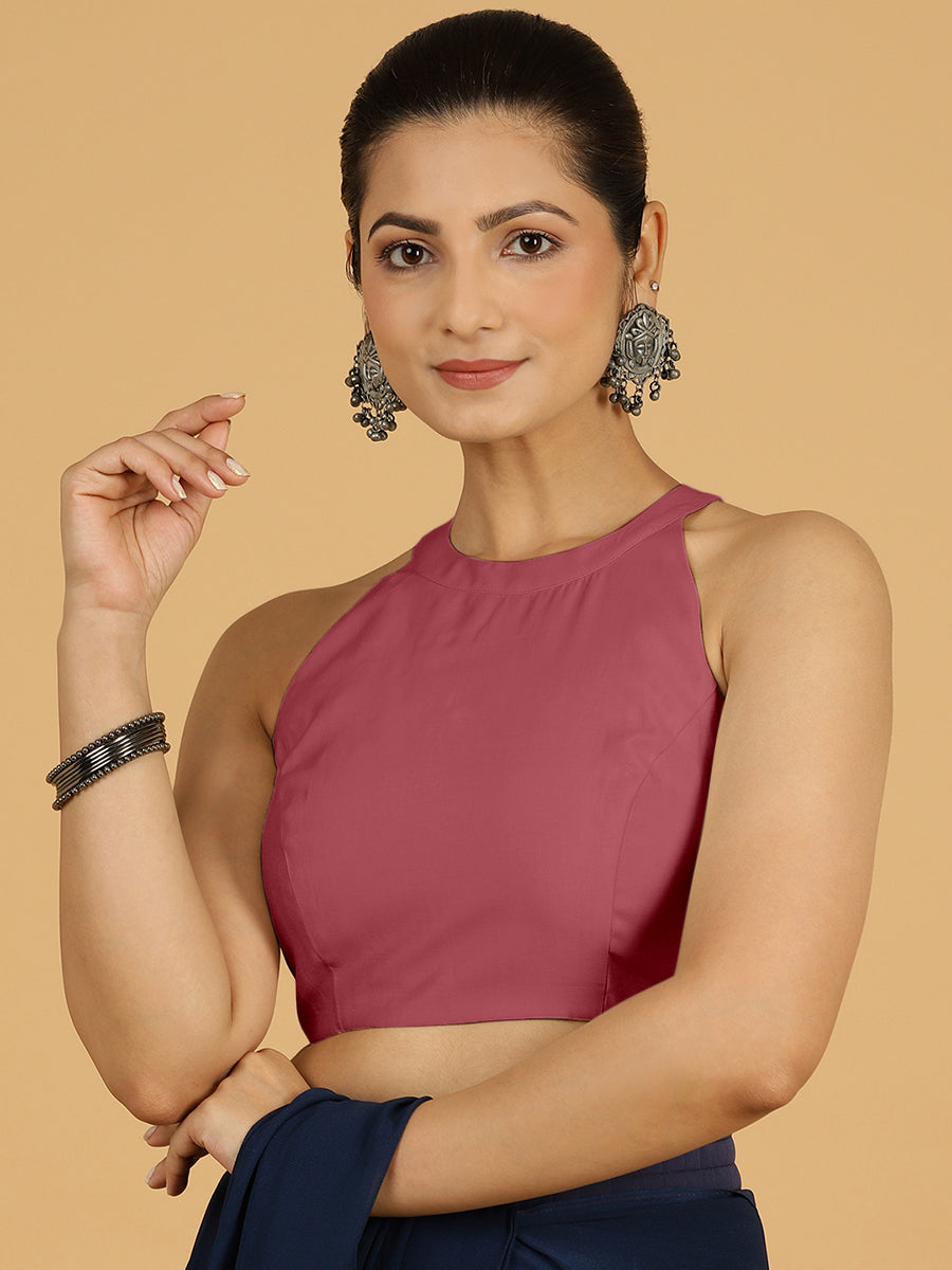 Zubeida x Rozaana Saree Blouse, in Pink Viscose, featuring sleeveless and halter neckline, made for daily & work (view 8).