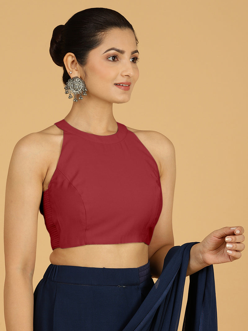 Zubeida x Rozaana | Scarlet Red Sleeveless Halter Neck Saree Blouse-Binks