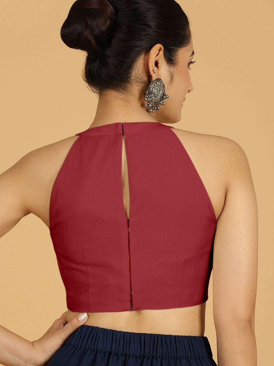 Zubeida x Rozaana Saree Blouse, in Red Viscose, featuring sleeveless and halter neckline, made for daily & work (view 2).