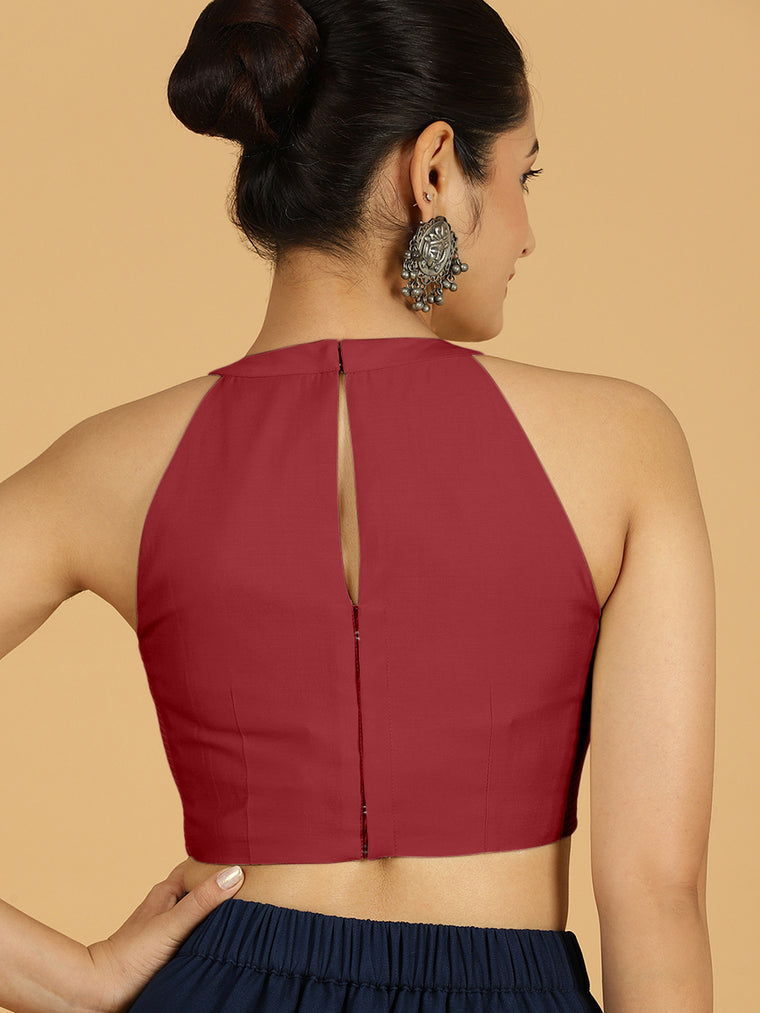 Zubeida x Rozaana Saree Blouse, in Red Viscose, featuring sleeveless and halter neckline, made for daily & work (view 2).