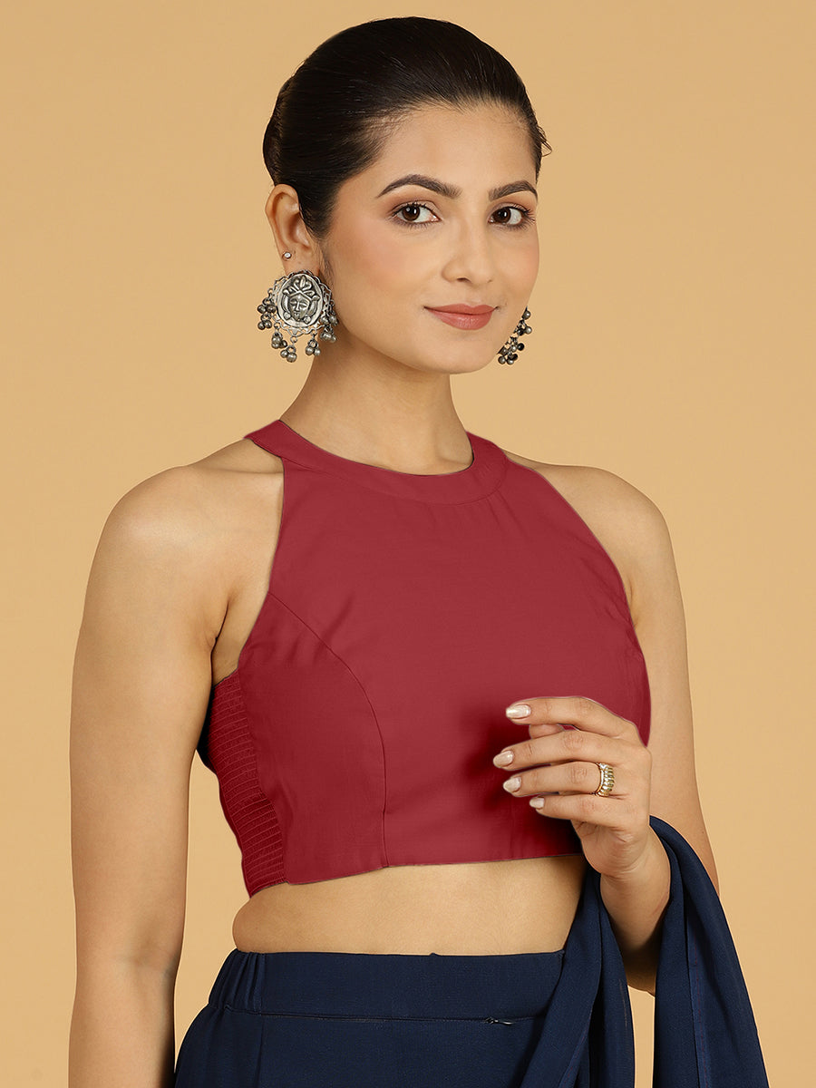 Zubeida x Rozaana Saree Blouse, in Red Viscose, featuring sleeveless and halter neckline, made for daily & work (view 5).