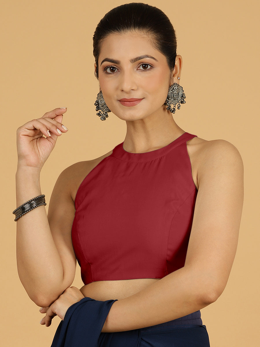 Zubeida x Rozaana Saree Blouse, in Red Viscose, featuring sleeveless and halter neckline, made for daily & work (view 6).