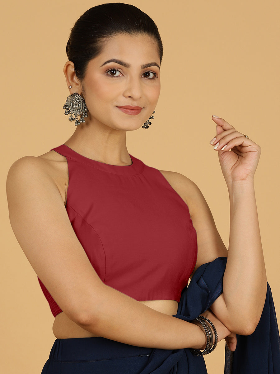 Zubeida x Rozaana Saree Blouse, in Red Viscose, featuring sleeveless and halter neckline, made for daily & work (view 8).