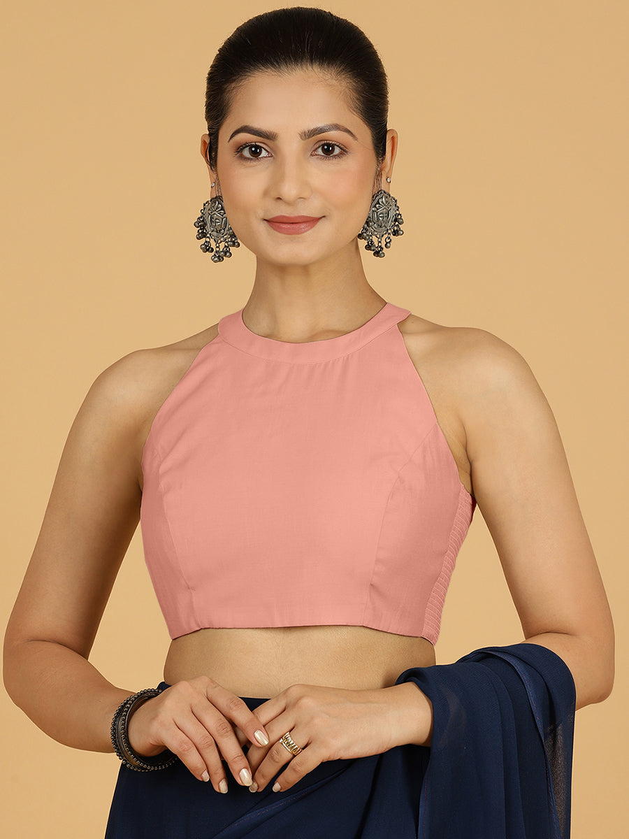Zubeida x Rozaana | Sea Pink Sleeveless Halter Neck Saree Blouse