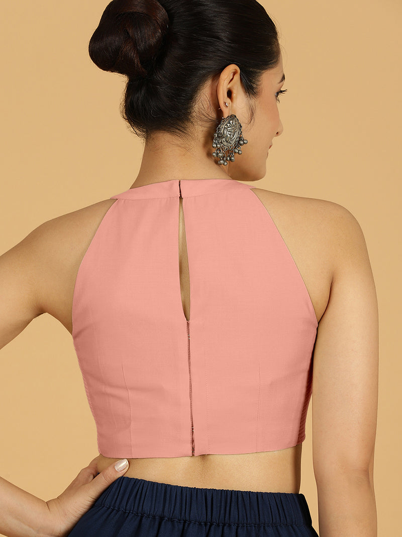 Zubeida x Rozaana | Sea Pink Sleeveless Halter Neck Saree Blouse-Binks