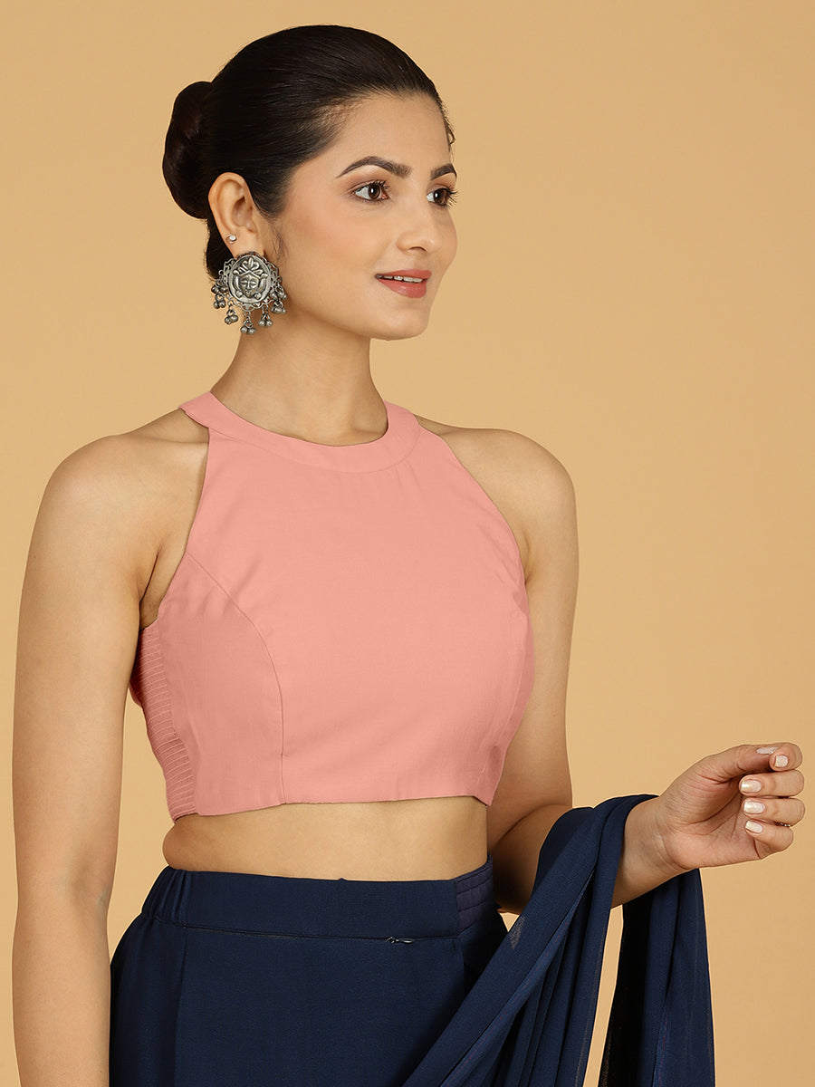 Zubeida x Rozaana Saree Blouse, in Pink Viscose, featuring sleeveless and halter neckline, made for daily & work (view 6).