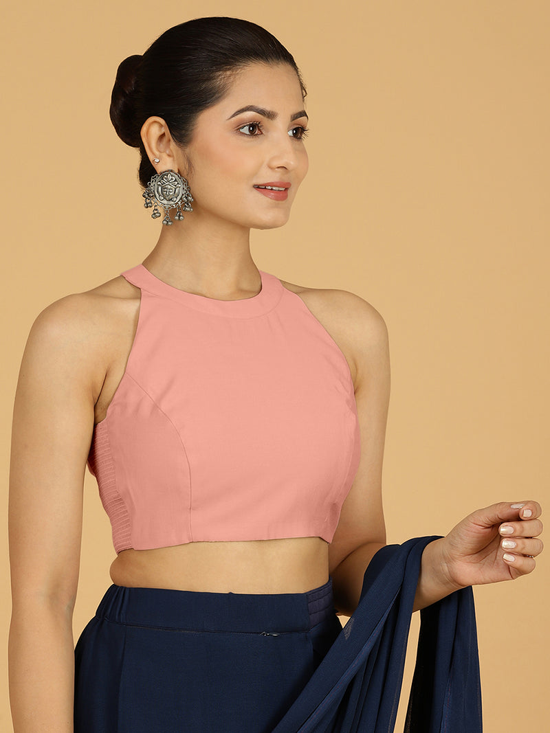 Zubeida x Rozaana | Sea Pink Sleeveless Halter Neck Saree Blouse-Binks