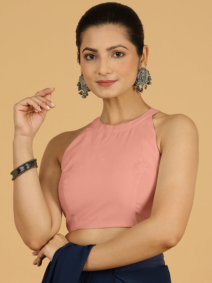 Zubeida x Rozaana Saree Blouse, in Pink Viscose, featuring sleeveless and halter neckline, made for daily & work (view 8).