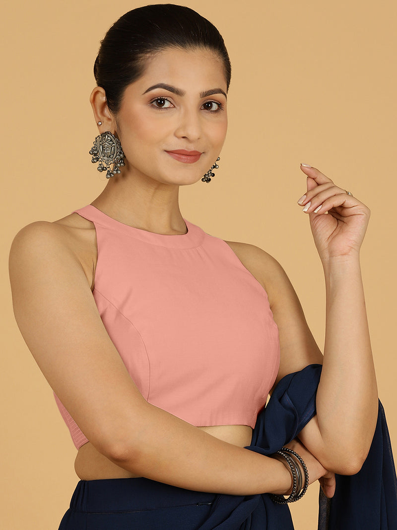 Zubeida x Rozaana | Sea Pink Sleeveless Halter Neck Saree Blouse-Binks