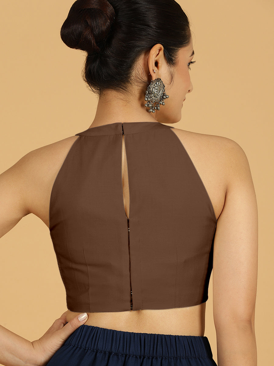 Zubeida x Rozaana Saree Blouse, in Brown Viscose, featuring sleeveless and halter neckline, made for daily & work (view 2).