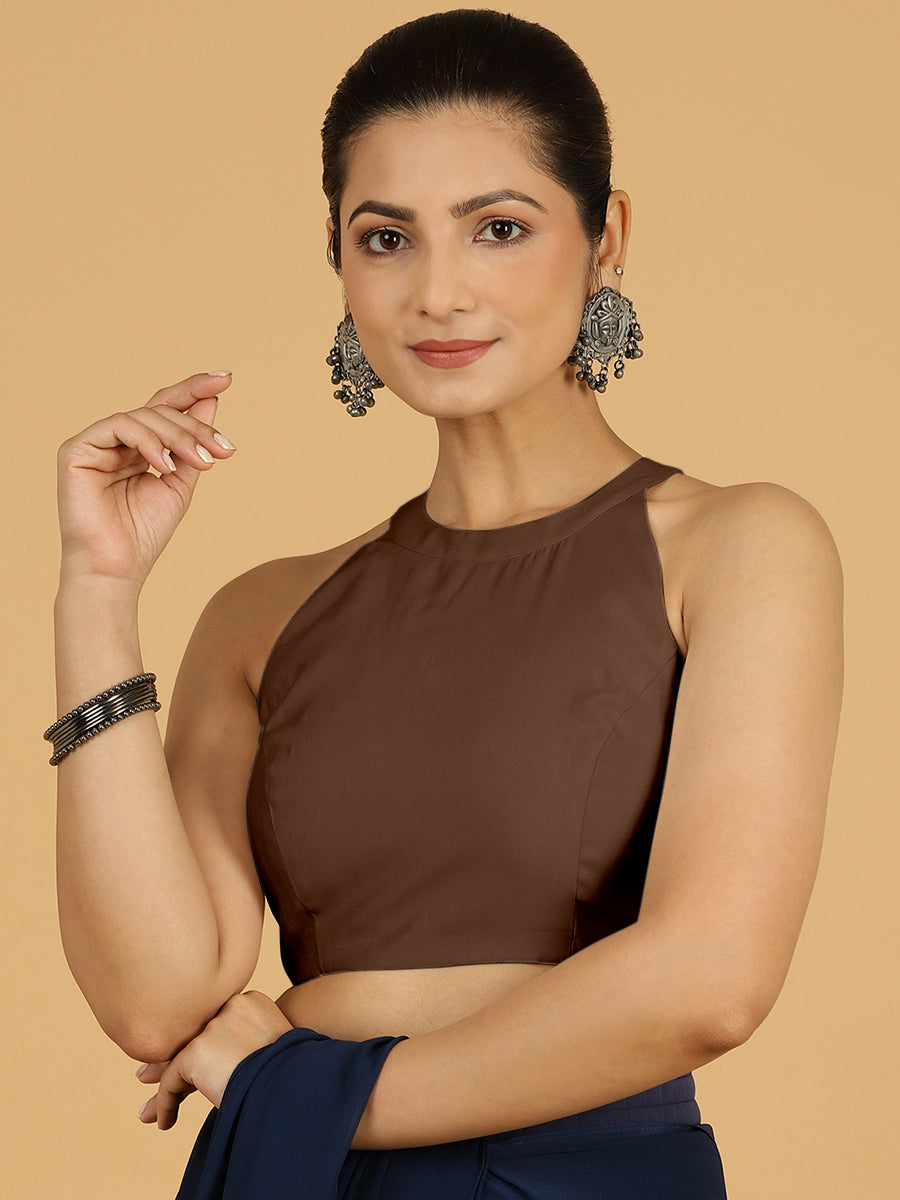 Zubeida x Rozaana Saree Blouse, in Brown Viscose, featuring sleeveless and halter neckline, made for daily & work (view 8).
