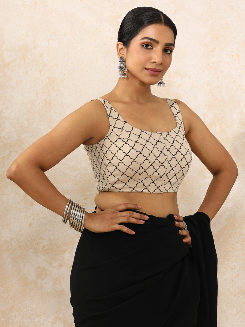 Zunaira x Rozaana | Sleeveless Saree Blouse in Cream Fishscale Block Print Cotton-Binks