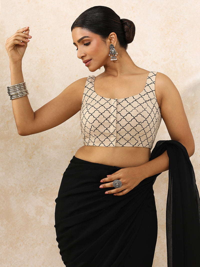 Zunaira x Rozaana | Sleeveless Saree Blouse in Cream Fishscale Block Print Cotton-Binks