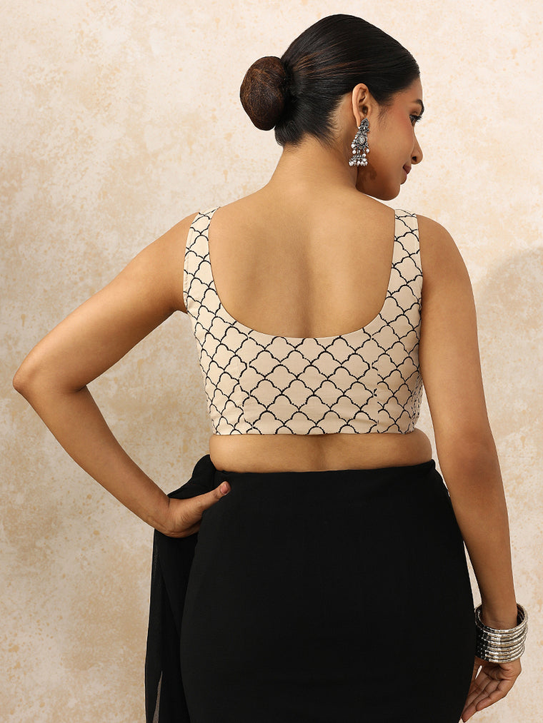 Zunaira x Rozaana Saree Blouse, in Cream 100% Cotton - Block Printed, featuring sleeveless and round neckline (view 2).