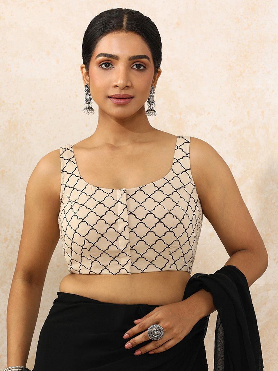 Zunaira x Rozaana Saree Blouse, in Cream 100% Cotton - Block Printed, featuring sleeveless and round neckline (view 6).