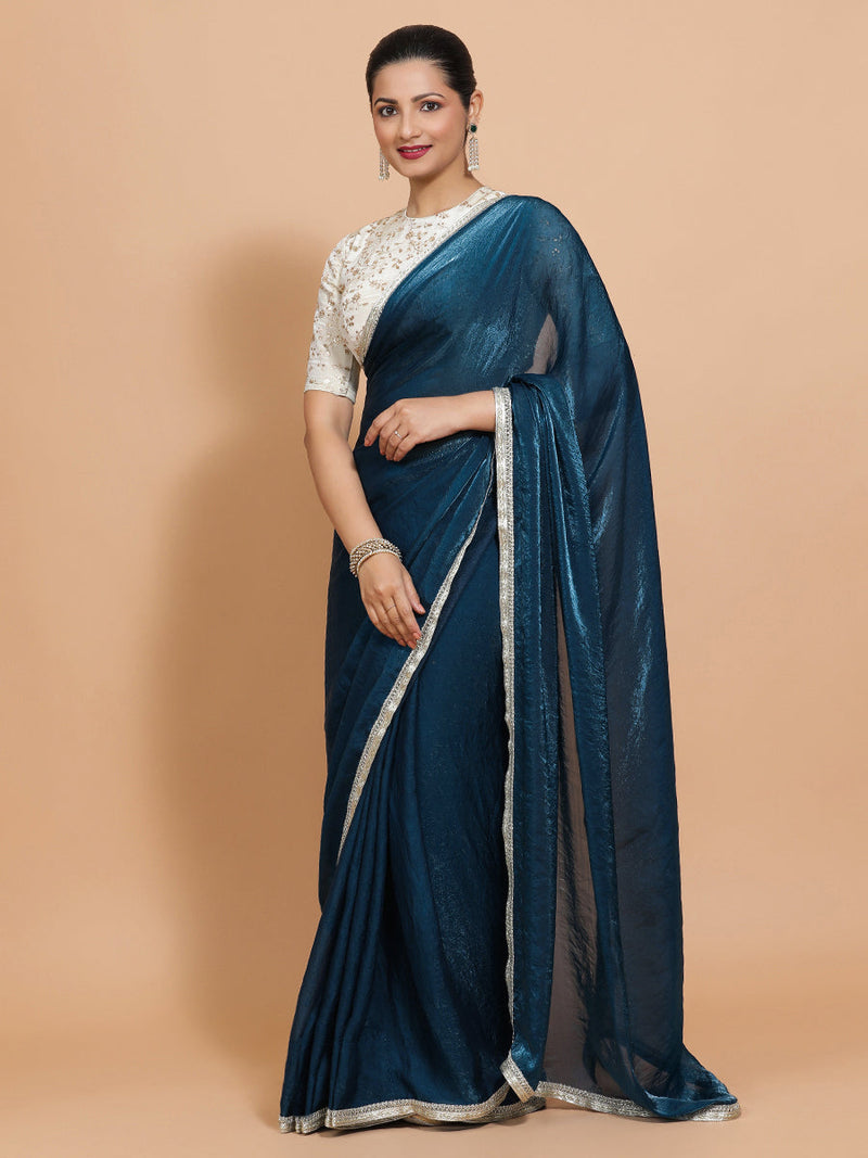 Celina DrapeFit™ One Minute Saree Combo | Crystal Blue Tissue Saree with Cream Embroidered Zeelaf Blouse | Ready-To-Wear Saree Optional-Binks