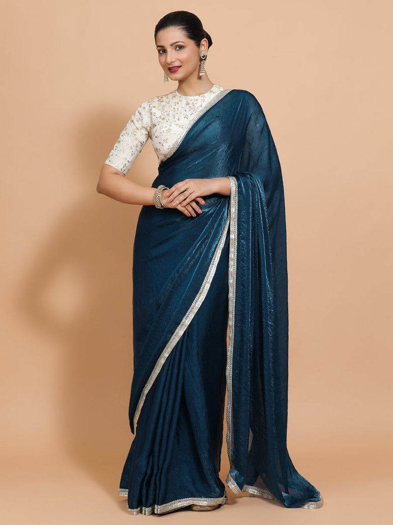 Celina DrapeFit™ One Minute Saree Combo | Crystal Blue Tissue Saree with Cream Embroidered Zeelaf Blouse | Ready-To-Wear Saree Optional-Binks