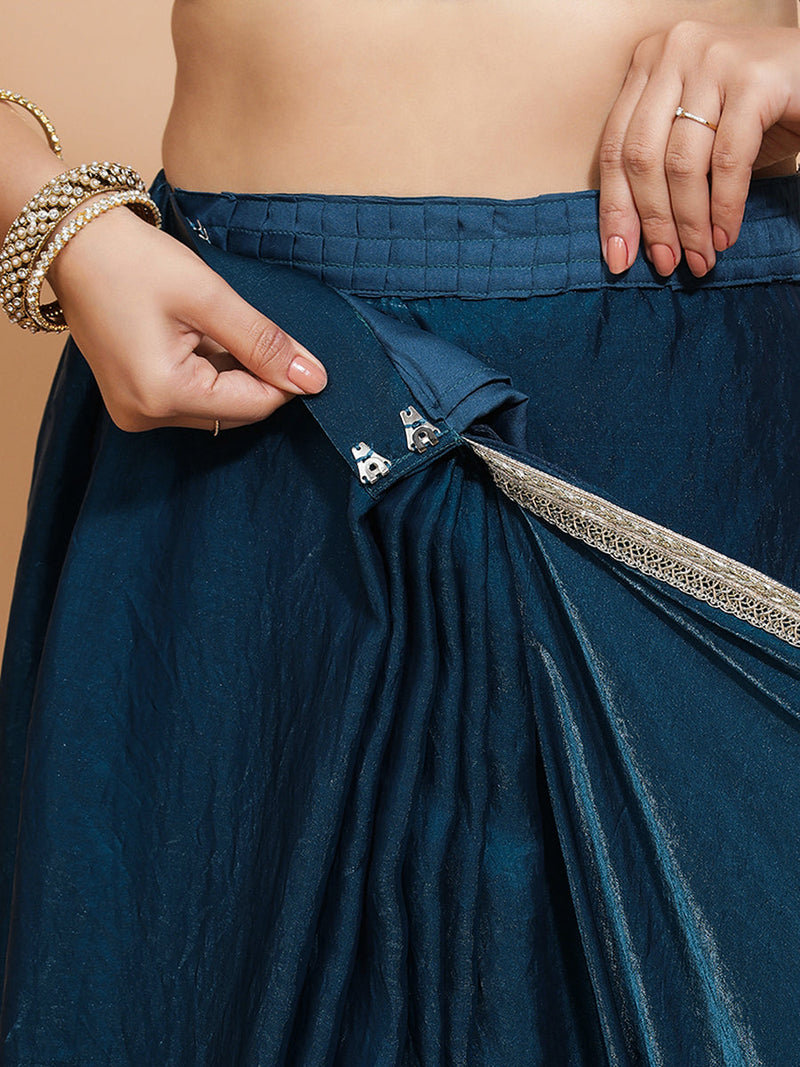 Celina DrapeFit™ One Minute Saree Combo | Crystal Blue Tissue Saree with Cream Embroidered Zeelaf Blouse | Ready-To-Wear Saree Optional-Binks