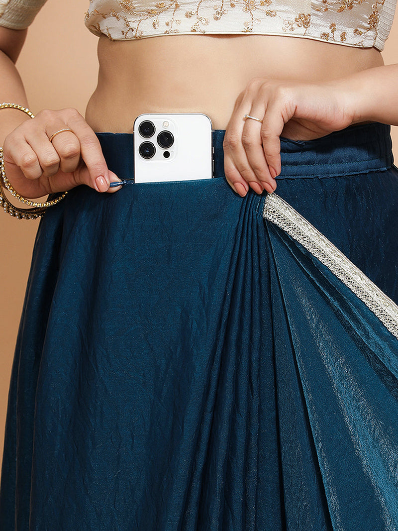 Celina DrapeFit™ One Minute Saree Combo | Crystal Blue Tissue Saree with Cream Embroidered Zeelaf Blouse | Ready-To-Wear Saree Optional-Binks