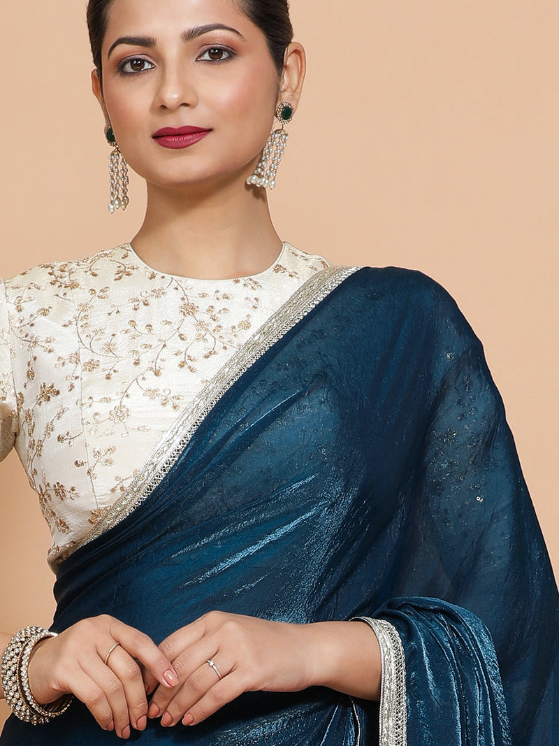 Celina DrapeFit™ One Minute Saree Combo | Crystal Blue Tissue Saree with Cream Embroidered Zeelaf Blouse | Ready-To-Wear Saree Optional-Binks