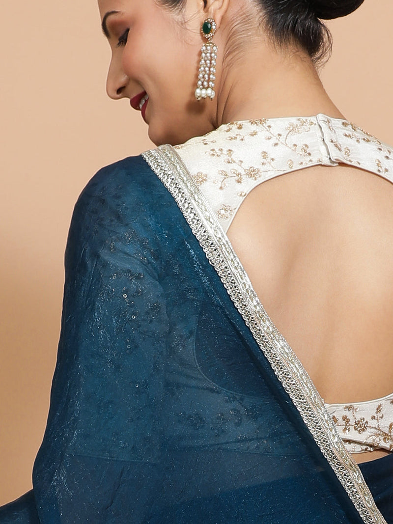 Celina DrapeFit™ One Minute Saree Combo | Crystal Blue Tissue Saree with Cream Embroidered Zeelaf Blouse | Ready-To-Wear Saree Optional-Binks