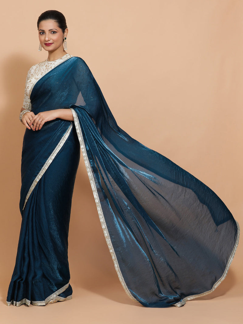 Celina DrapeFit™ One Minute Saree Combo | Crystal Blue Tissue Saree with Cream Embroidered Zeelaf Blouse | Ready-To-Wear Saree Optional-Binks