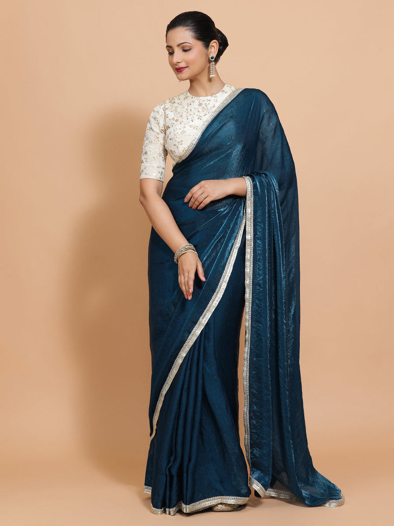Celina DrapeFit™ One Minute Saree Combo | Crystal Blue Tissue Saree with Cream Embroidered Zeelaf Blouse | Ready-To-Wear Saree Optional-Binks
