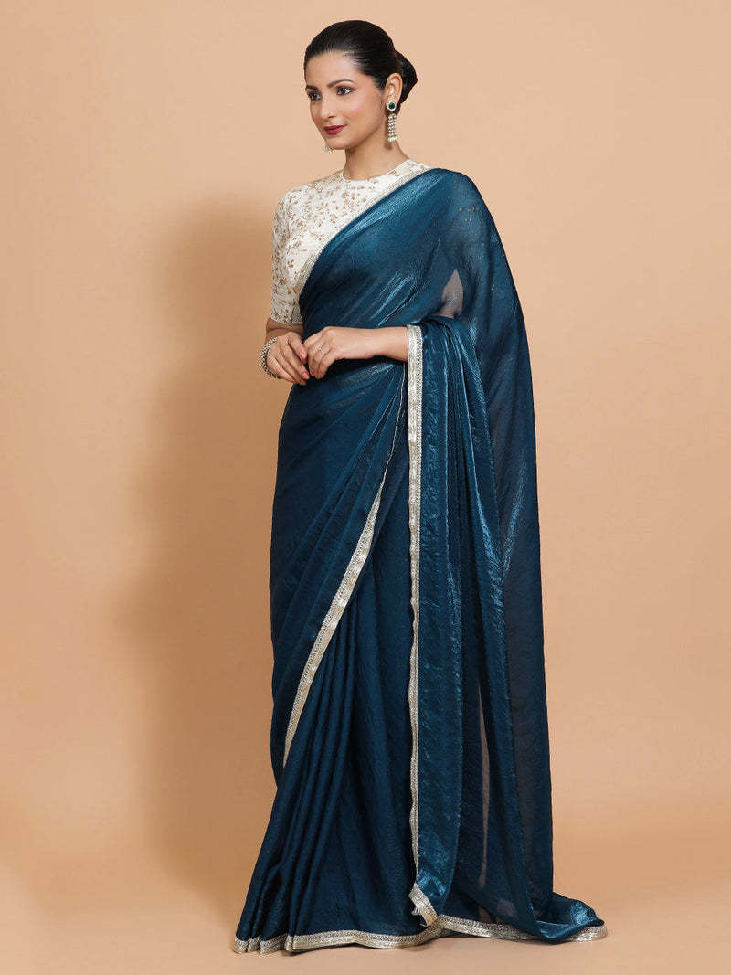 Celina DrapeFit™ One Minute Saree Combo | Crystal Blue Tissue Saree with Cream Embroidered Zeelaf Blouse | Ready-To-Wear Saree Optional-Binks