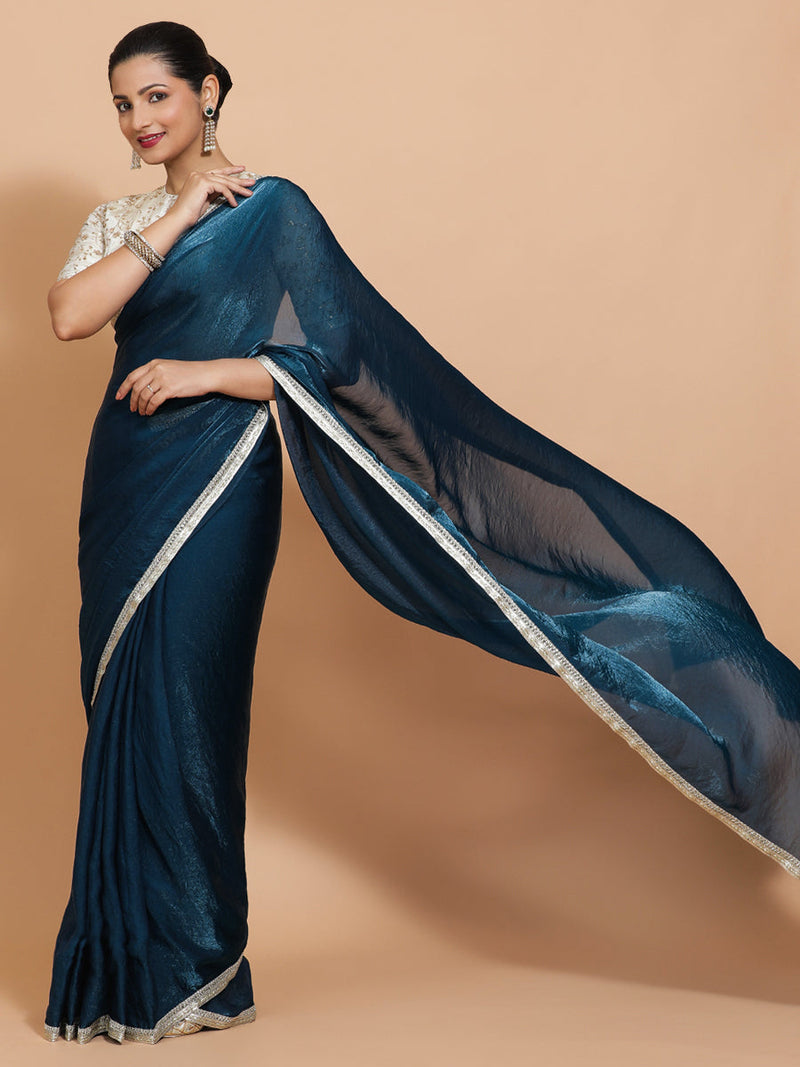 Celina DrapeFit™ One Minute Saree Combo | Crystal Blue Tissue Saree with Cream Embroidered Zeelaf Blouse | Ready-To-Wear Saree Optional-Binks