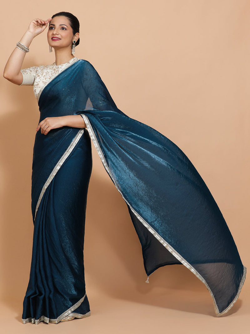 Celina DrapeFit™ One Minute Saree Combo | Crystal Blue Tissue Saree with Cream Embroidered Zeelaf Blouse | Ready-To-Wear Saree Optional-Binks