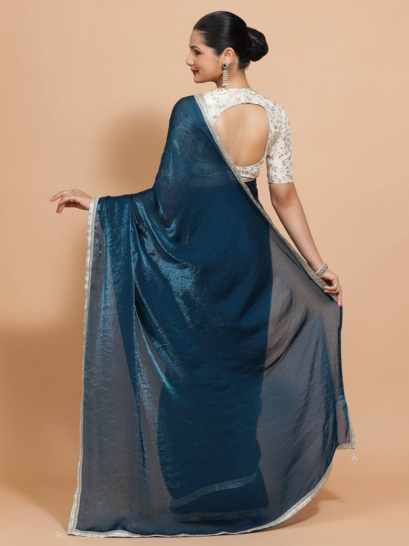Celina DrapeFit™ One Minute Saree Combo | Crystal Blue Tissue Saree with Cream Embroidered Zeelaf Blouse | Ready-To-Wear Saree Optional-Binks