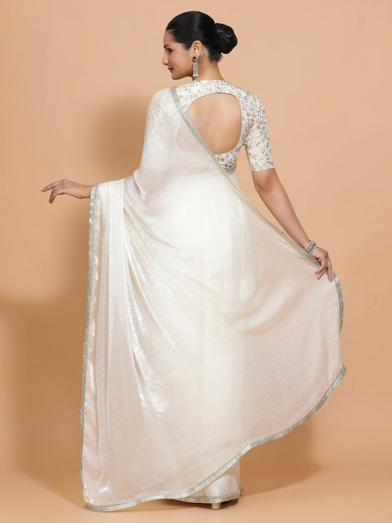 Diana DrapeFit™ One Minute Saree Combo | Opal Mist White Tissue Saree with Cream Embroidered Zeelaf Blouse | Ready-To-Wear Saree Optional-Binks