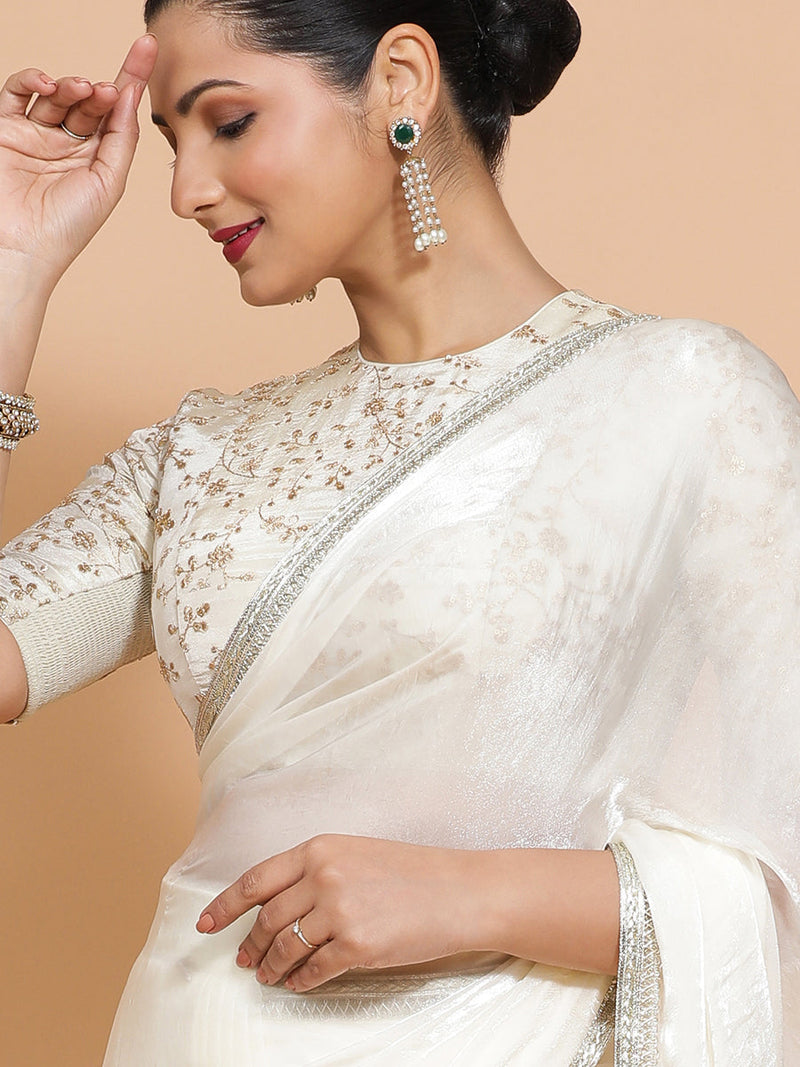 Diana DrapeFit™ One Minute Saree Combo | Opal Mist White Tissue Saree with Cream Embroidered Zeelaf Blouse | Ready-To-Wear Saree Optional-Binks