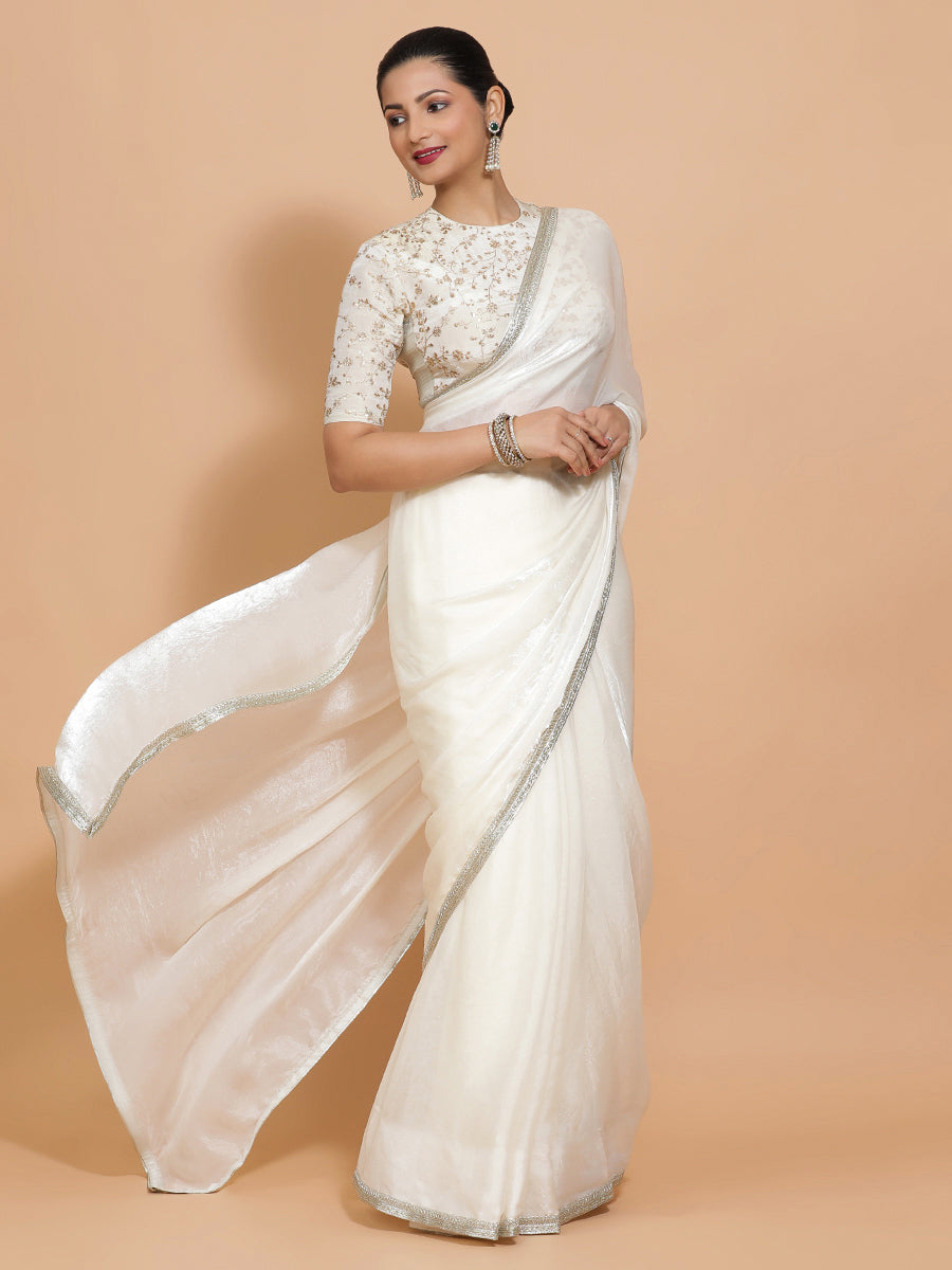 Diana DrapeFit One Minute Saree Combo, in White Satin Viscose, featuring elbow sleeves, made for party & festive (view 7).