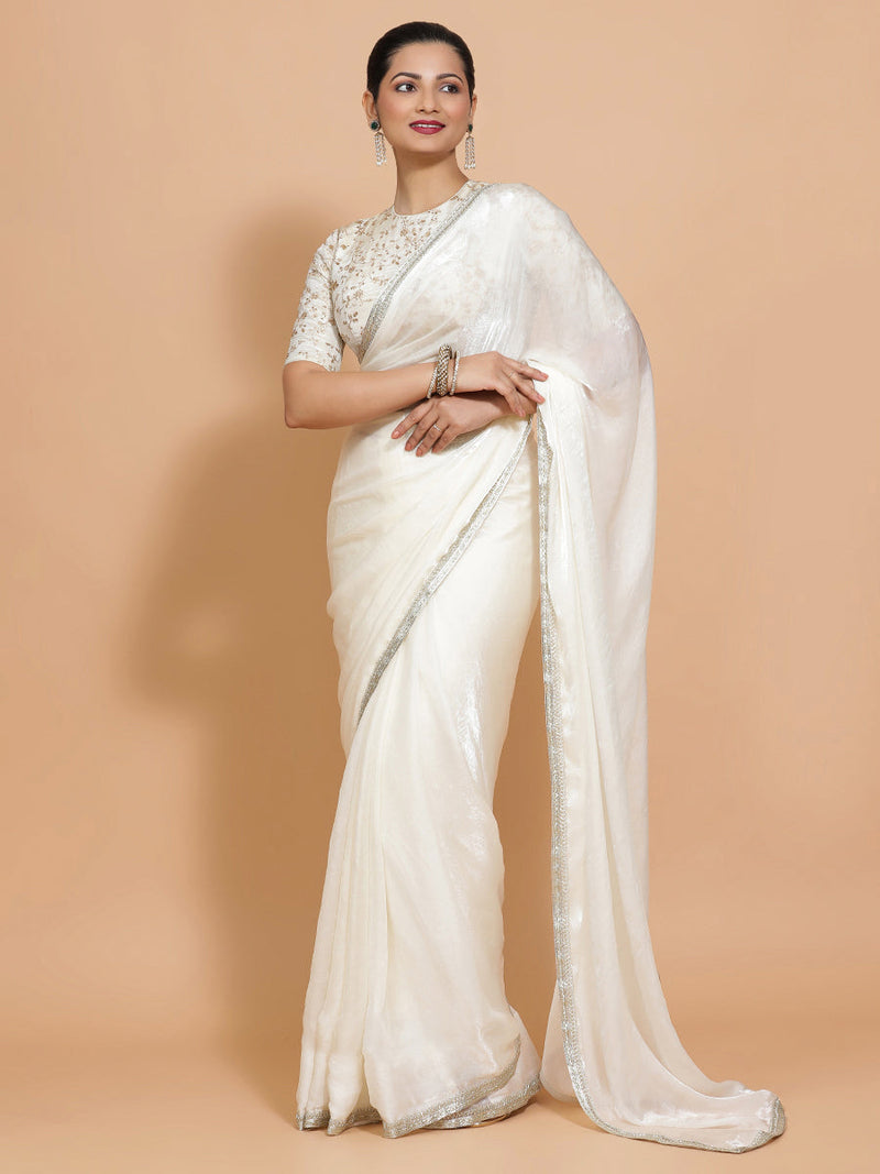 Diana DrapeFit™ One Minute Saree Combo | Opal Mist White Tissue Saree with Cream Embroidered Zeelaf Blouse | Ready-To-Wear Saree Optional-Binks