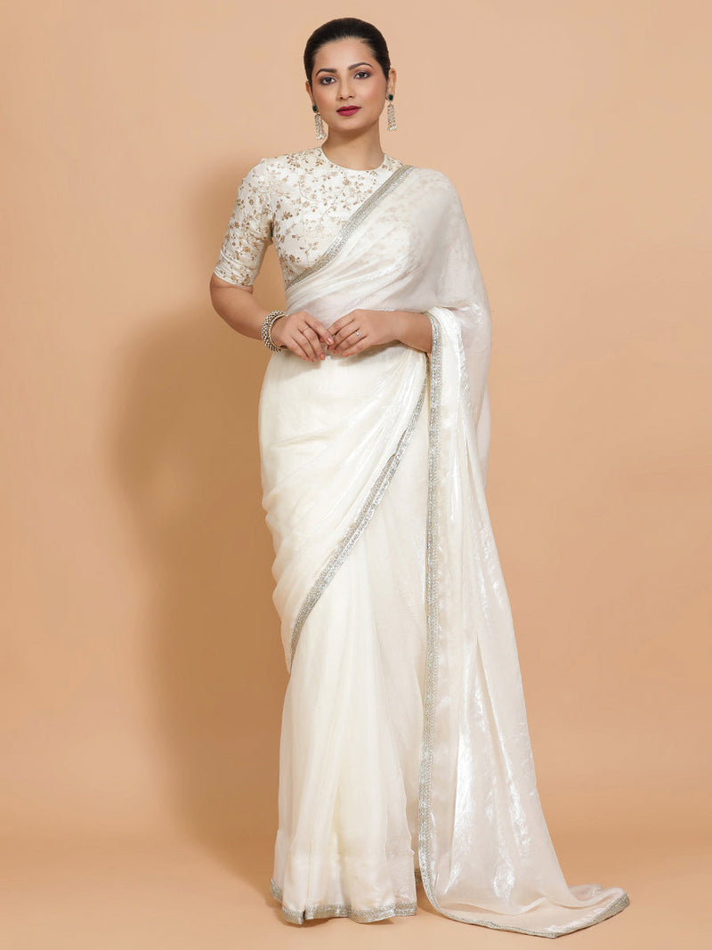 Diana DrapeFit™ One Minute Saree Combo | Opal Mist White Tissue Saree with Cream Embroidered Zeelaf Blouse | Ready-To-Wear Saree Optional-Binks