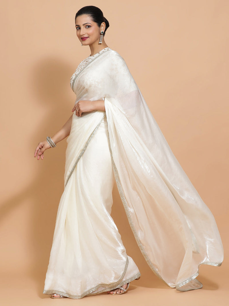 Diana DrapeFit™ One Minute Saree Combo | Opal Mist White Tissue Saree with Cream Embroidered Zeelaf Blouse | Ready-To-Wear Saree Optional-Binks