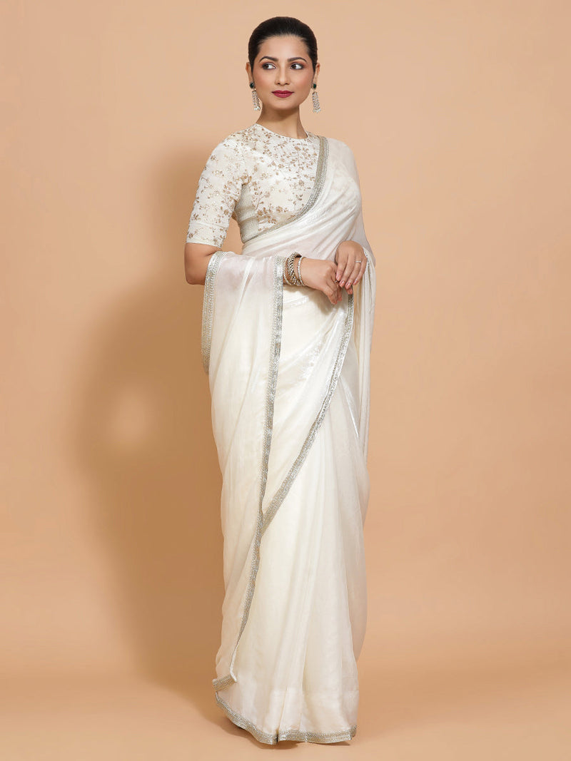 Diana DrapeFit™ One Minute Saree Combo | Opal Mist White Tissue Saree with Cream Embroidered Zeelaf Blouse | Ready-To-Wear Saree Optional-Binks