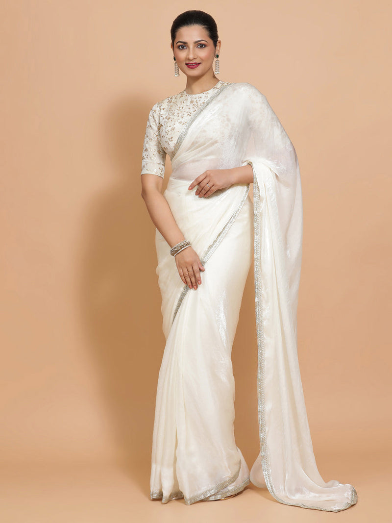 Diana DrapeFit™ One Minute Saree Combo | Opal Mist White Tissue Saree with Cream Embroidered Zeelaf Blouse | Ready-To-Wear Saree Optional-Binks