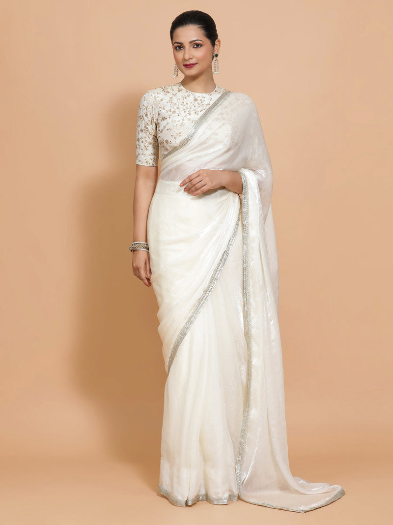 Diana DrapeFit™ One Minute Saree Combo | Opal Mist White Tissue Saree with Cream Embroidered Zeelaf Blouse | Ready-To-Wear Saree Optional-Binks