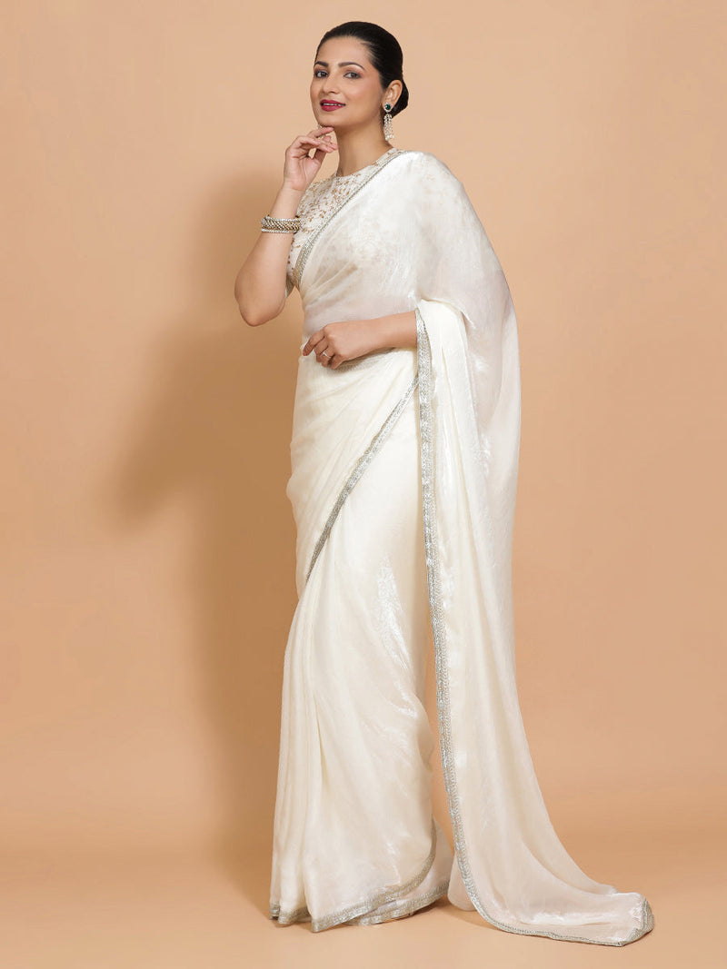 Diana DrapeFit™ One Minute Saree Combo | Opal Mist White Tissue Saree with Cream Embroidered Zeelaf Blouse | Ready-To-Wear Saree Optional-Binks