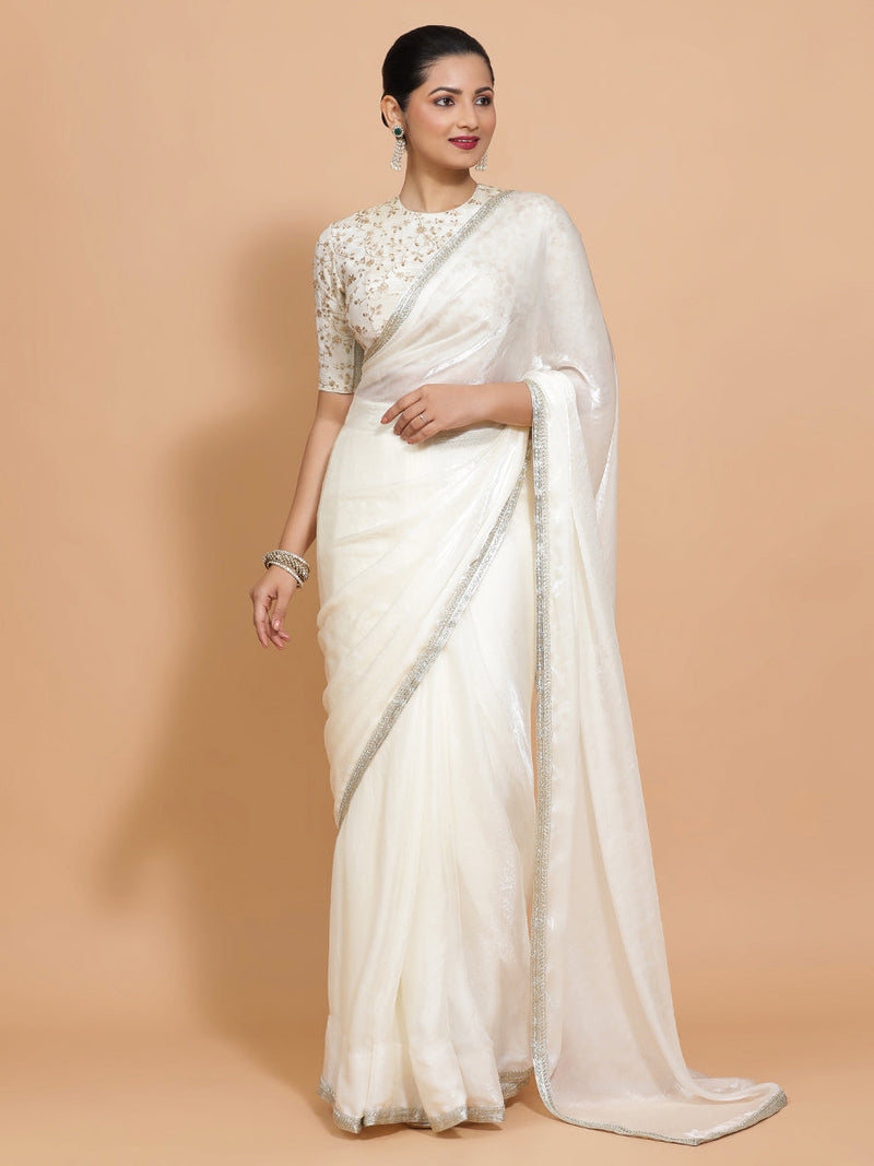 Diana DrapeFit™ One Minute Saree Combo | Opal Mist White Tissue Saree with Cream Embroidered Zeelaf Blouse | Ready-To-Wear Saree Optional-Binks