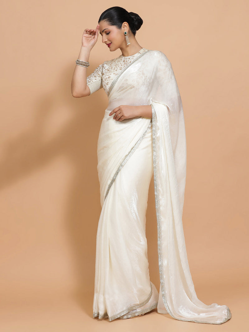 Diana DrapeFit™ One Minute Saree Combo | Opal Mist White Tissue Saree with Cream Embroidered Zeelaf Blouse | Ready-To-Wear Saree Optional-Binks
