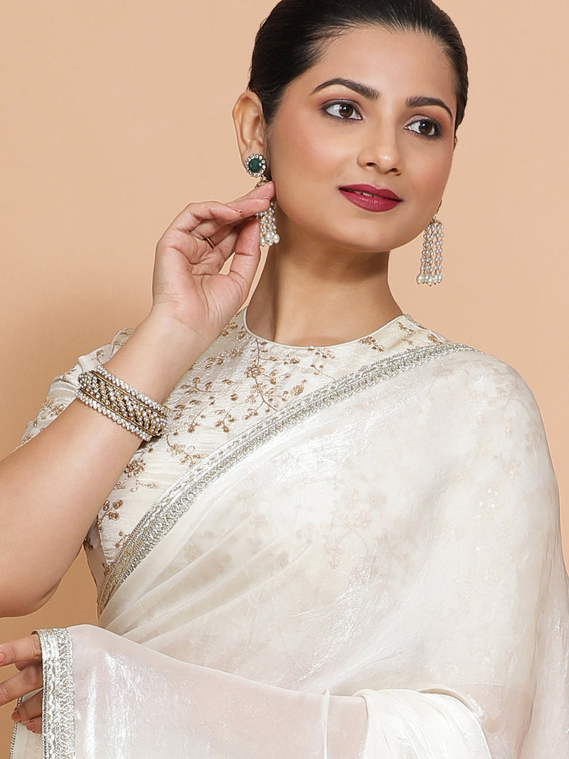 Diana DrapeFit™ One Minute Saree Combo | Opal Mist White Tissue Saree with Cream Embroidered Zeelaf Blouse | Ready-To-Wear Saree Optional-Binks
